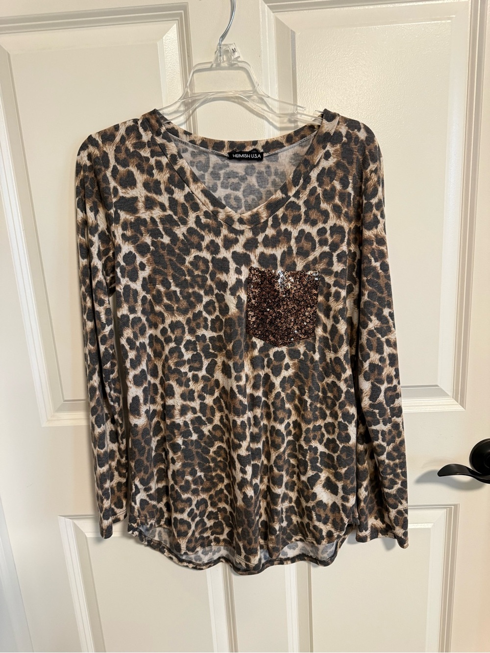 HEIMISH USA Leopard Print Long Sleeve Top with Sequin Pocket - Brown/Tan